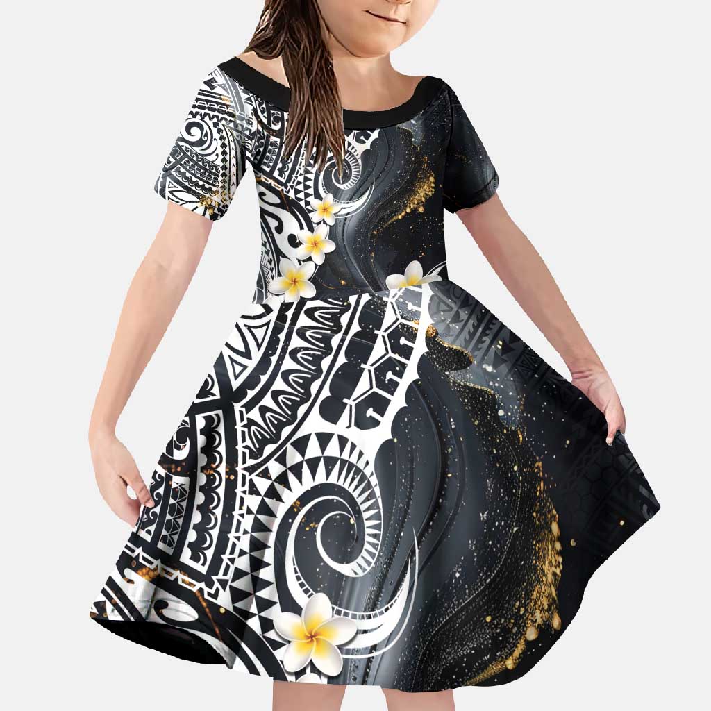 Polynesian Tribal Tattoo Family Matching Summer Maxi Dress and Hawaiian Shirt Plumeria Black Gold Marble Pattern