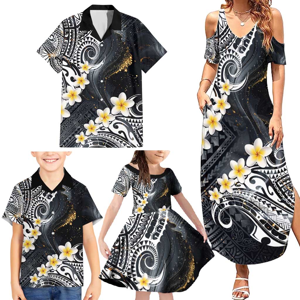 Polynesian Tribal Tattoo Family Matching Summer Maxi Dress and Hawaiian Shirt Plumeria Black Gold Marble Pattern LT9 - Polynesian Pride