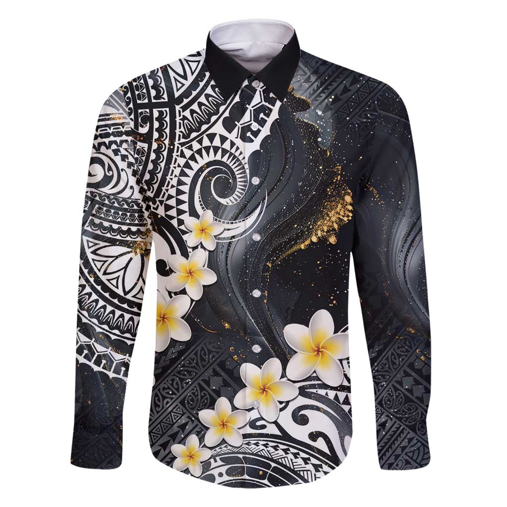 Polynesian Tribal Tattoo Family Matching Summer Maxi Dress and Hawaiian Shirt Plumeria Black Gold Marble Pattern