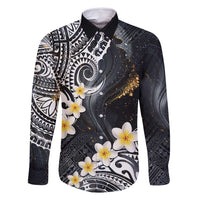 Polynesian Tribal Tattoo Family Matching Tank Maxi Dress and Hawaiian Shirt Plumeria Black Gold Marble Pattern