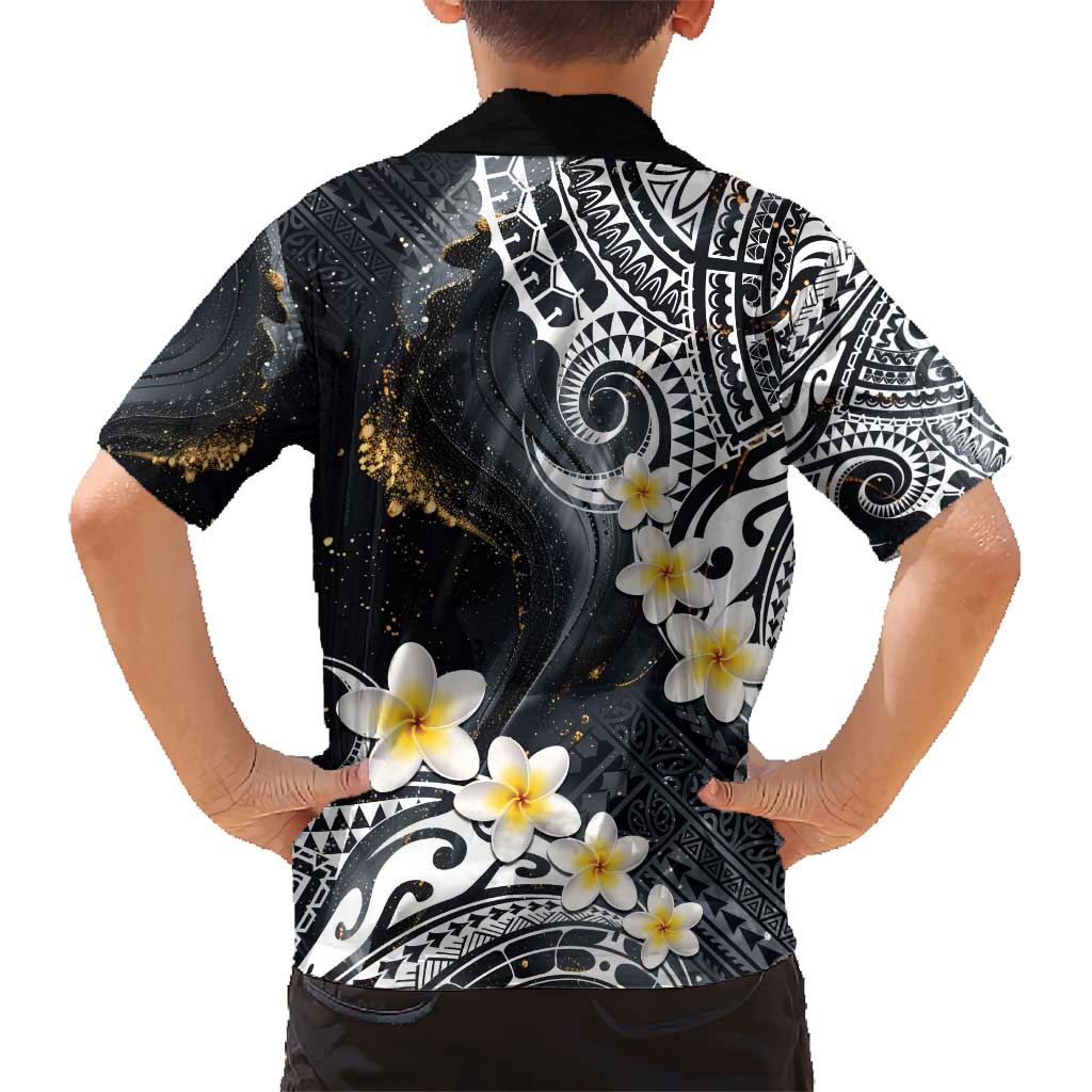 Polynesian Tribal Tattoo Hawaiian Shirt Plumeria Black Gold Marble Pattern