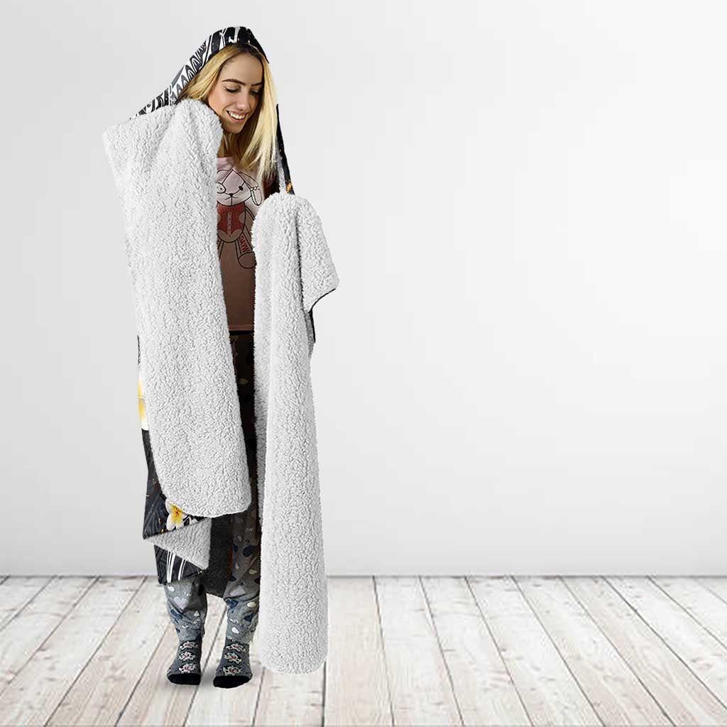 Polynesian Tribal Tattoo Hooded Blanket Plumeria Black Gold Marble Pattern