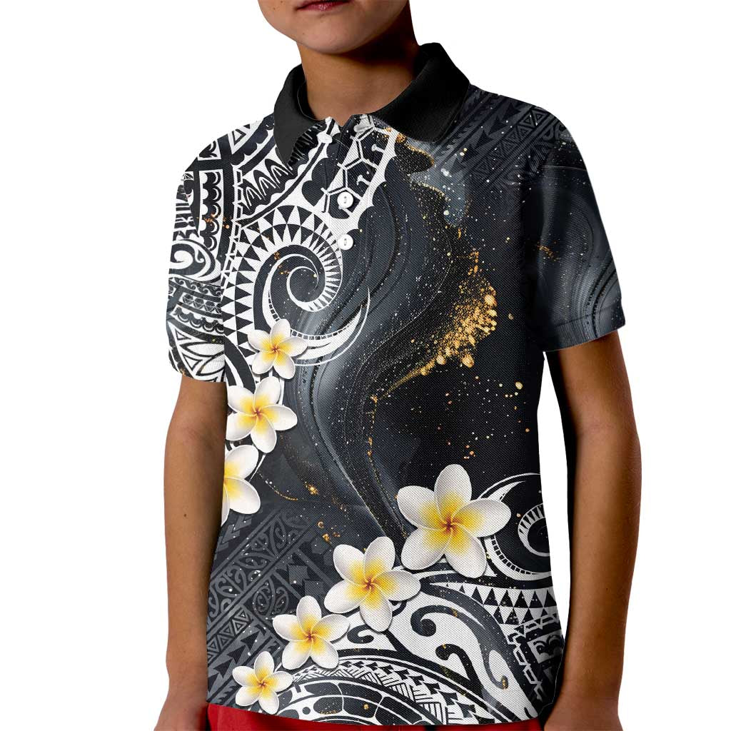 Polynesian Tribal Tattoo Kid Polo Shirt Plumeria Black Gold Marble Pattern LT9 Kid Black - Polynesian Pride