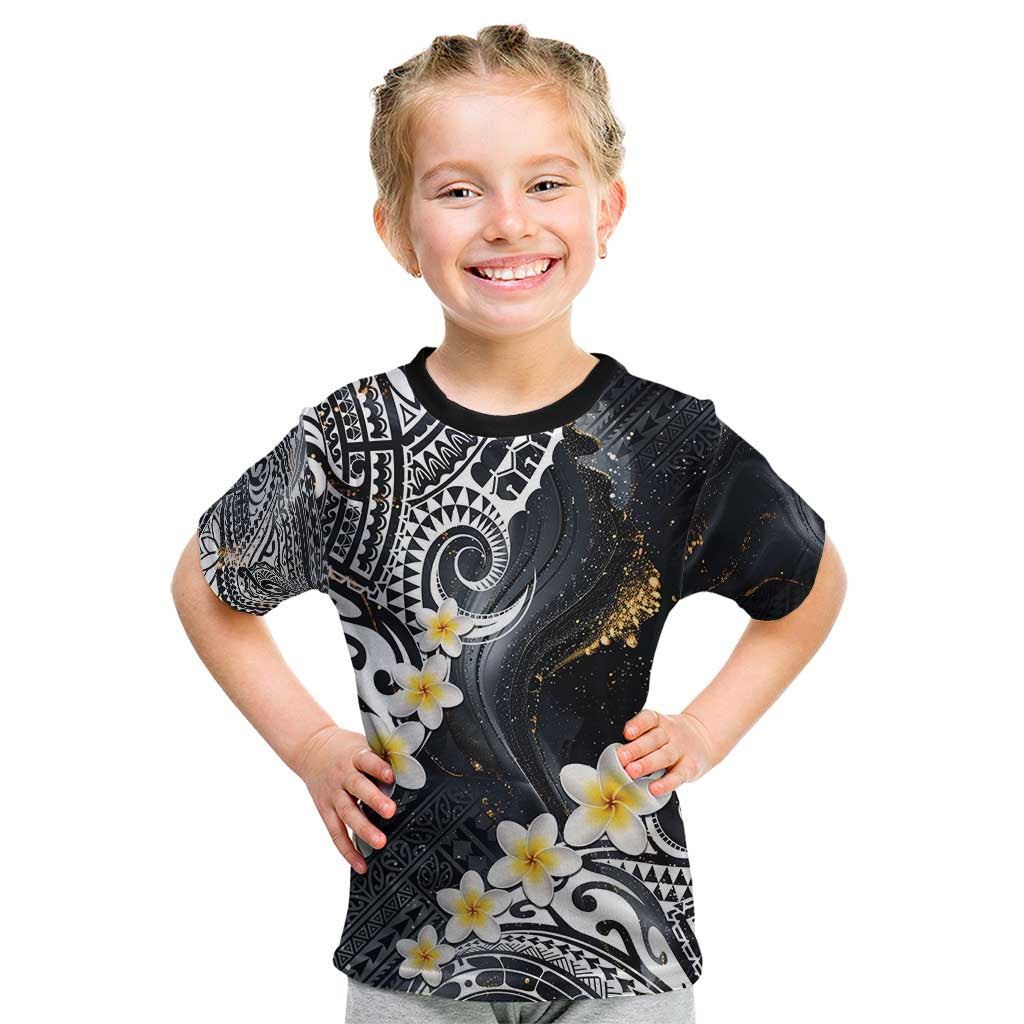 Polynesian Tribal Tattoo Kid T Shirt Plumeria Black Gold Marble Pattern LT9 Black - Polynesian Pride