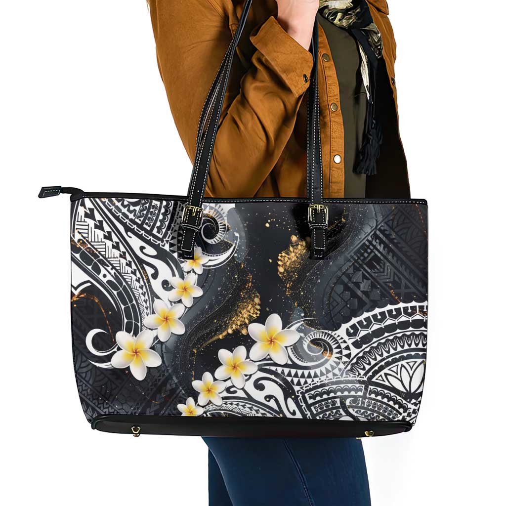 Polynesian Tribal Tattoo Leather Tote Bag Plumeria Black Gold Marble Pattern LT9 - Polynesian Pride