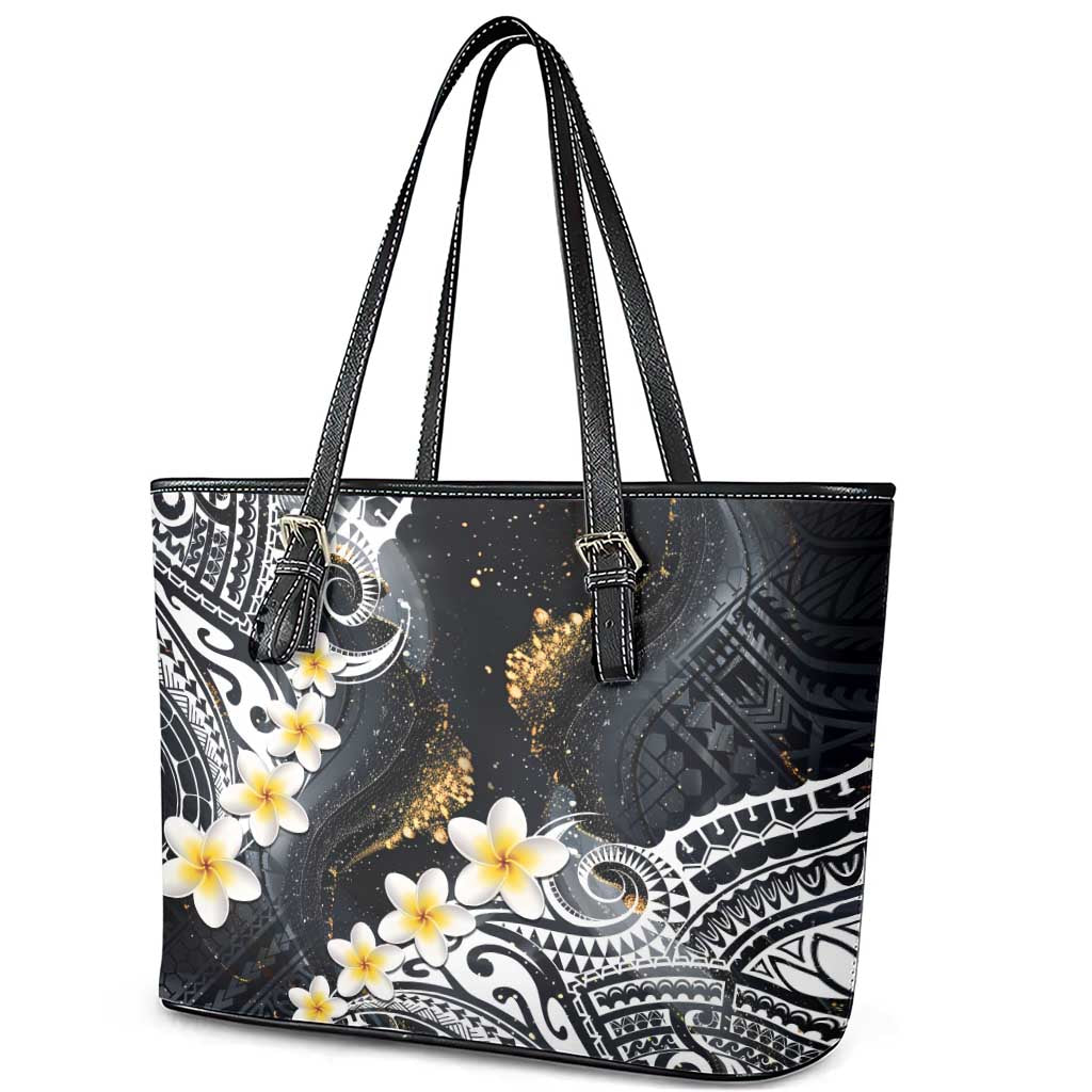 Polynesian Tribal Tattoo Leather Tote Bag Plumeria Black Gold Marble Pattern LT9 - Polynesian Pride