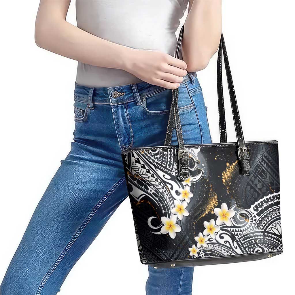 Polynesian Tribal Tattoo Leather Tote Bag Plumeria Black Gold Marble Pattern LT9 - Polynesian Pride