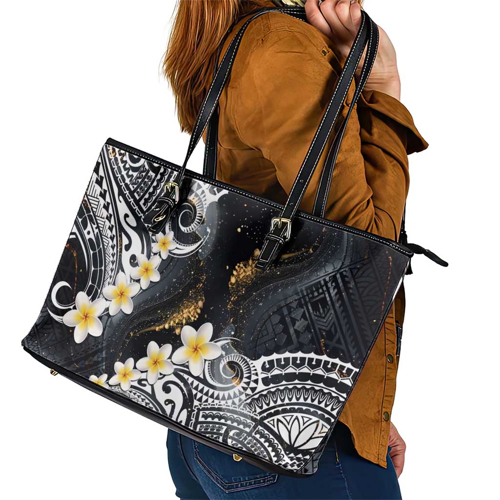 Polynesian Tribal Tattoo Leather Tote Bag Plumeria Black Gold Marble Pattern LT9 - Polynesian Pride