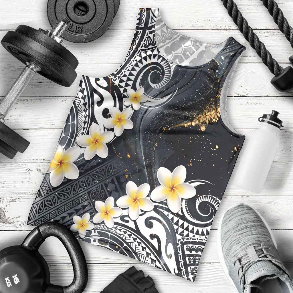 Polynesian Tribal Tattoo Men Tank Top Plumeria Black Gold Marble Pattern