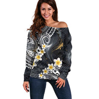 Polynesian Tribal Tattoo Off Shoulder Sweater Plumeria Black Gold Marble Pattern