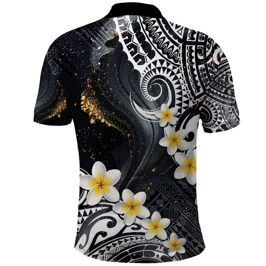Polynesian Tribal Tattoo Polo Shirt Plumeria Black Gold Marble Pattern