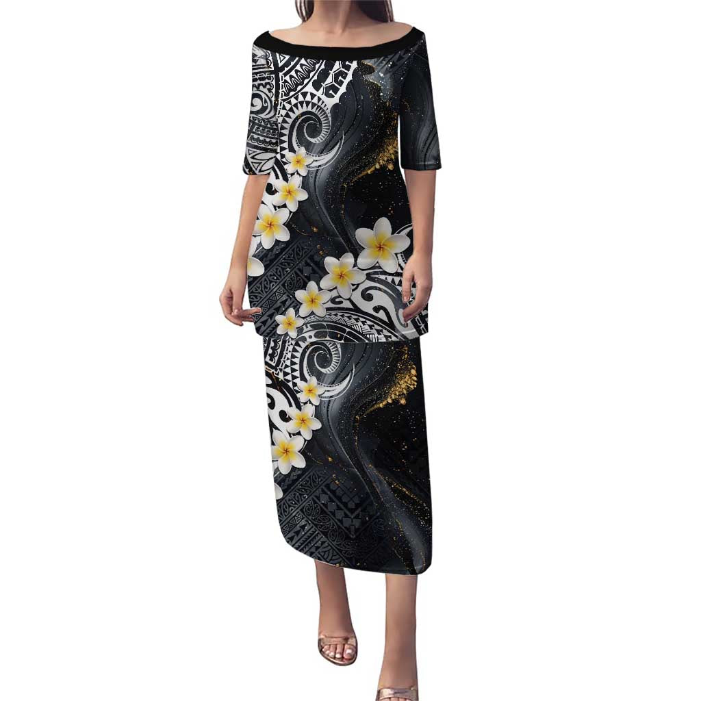 Polynesian Tribal Tattoo Puletasi Plumeria Black Gold Marble Pattern