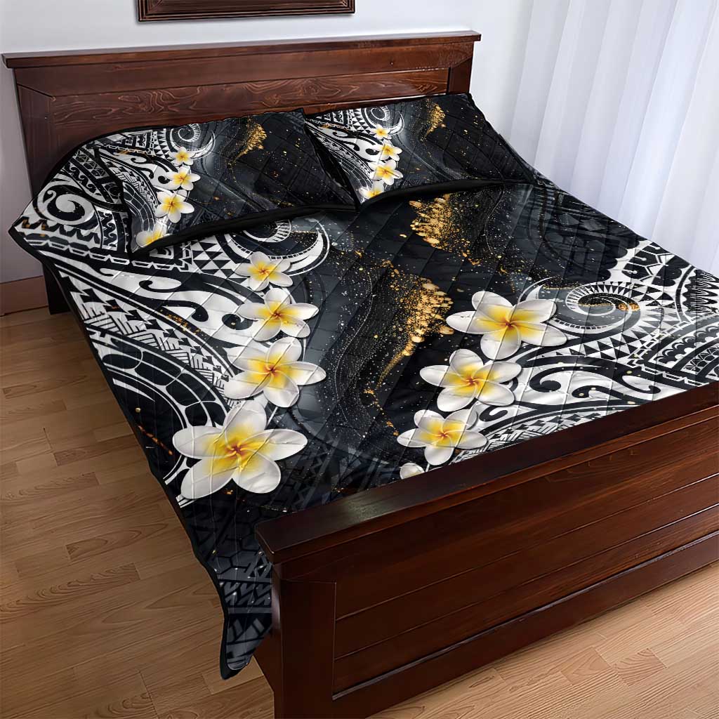 Polynesian Tribal Tattoo Quilt Bed Set Plumeria Black Gold Marble Pattern