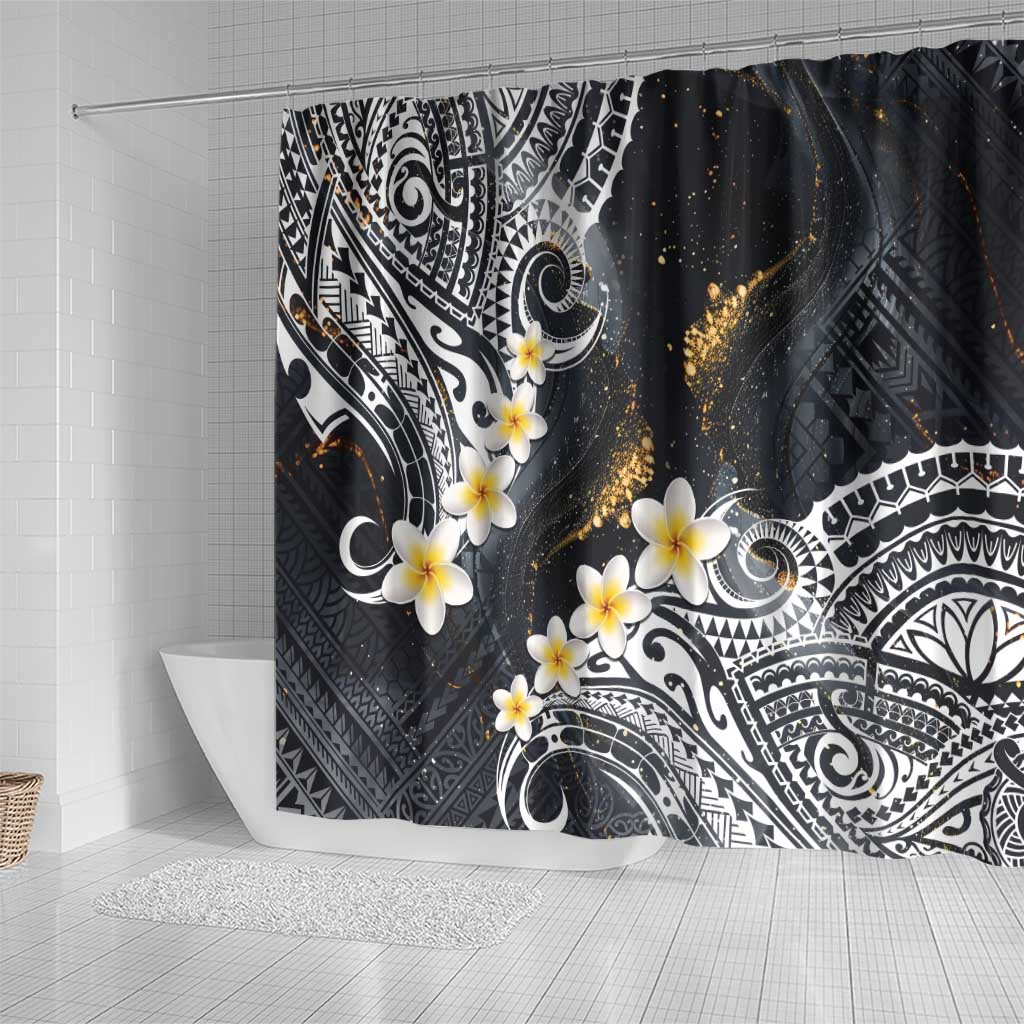 Polynesian Tribal Tattoo Shower Curtain Plumeria Black Gold Marble Pattern