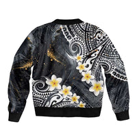 Polynesian Tribal Tattoo Sleeve Zip Bomber Jacket Plumeria Black Gold Marble Pattern
