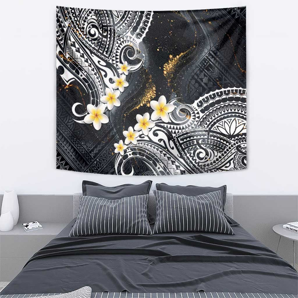 Polynesian Tribal Tattoo Tapestry Plumeria Black Gold Marble Pattern