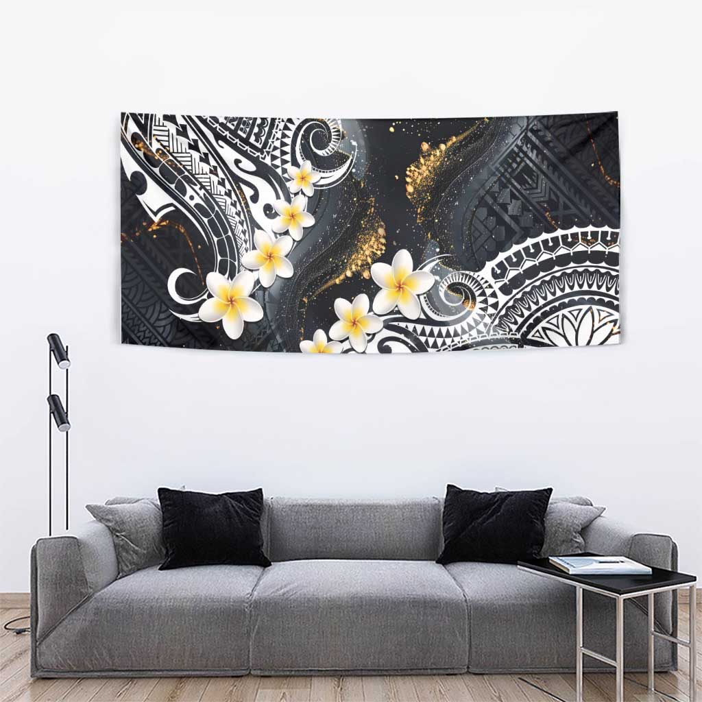 Polynesian Tribal Tattoo Tapestry Plumeria Black Gold Marble Pattern