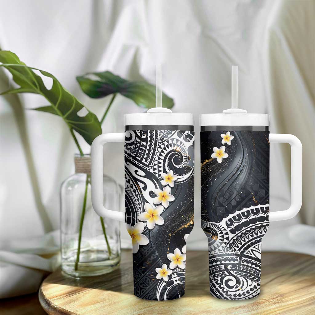 Polynesian Tribal Tattoo Tumbler With Handle Plumeria Black Gold Marble Pattern