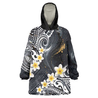 Polynesian Tribal Tattoo Wearable Blanket Hoodie Plumeria Black Gold Marble Pattern