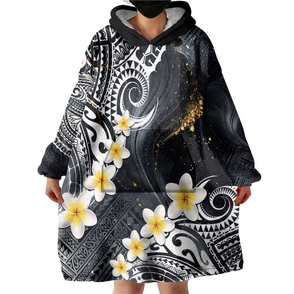 Polynesian Tribal Tattoo Wearable Blanket Hoodie Plumeria Black Gold Marble Pattern