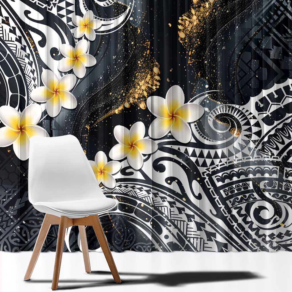 Polynesian Tribal Tattoo Window Curtain Plumeria Black Gold Marble Pattern