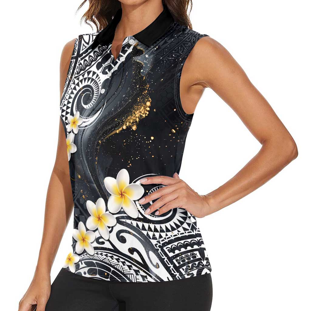 Polynesian Tribal Tattoo Women Sleeveless Polo Shirt Plumeria Black Gold Marble Pattern LT9 - Polynesian Pride