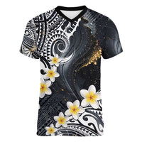 Polynesian Tribal Tattoo Women V-Neck T-Shirt Plumeria Black Gold Marble Pattern LT9 Female Black - Polynesian Pride