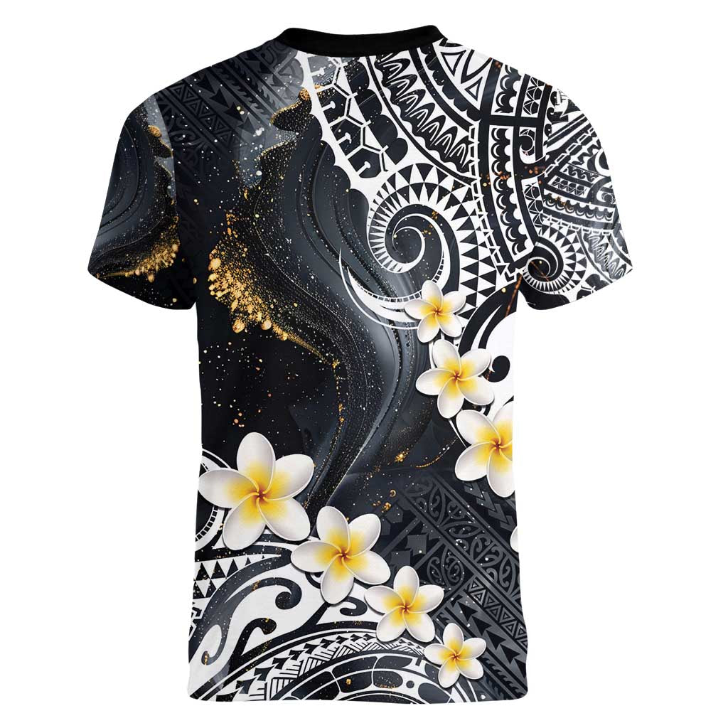 Polynesian Tribal Tattoo Women V-Neck T-Shirt Plumeria Black Gold Marble Pattern LT9 - Polynesian Pride