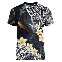 Polynesian Tribal Tattoo Women V-Neck T-Shirt Plumeria Black Gold Marble Pattern LT9 - Polynesian Pride