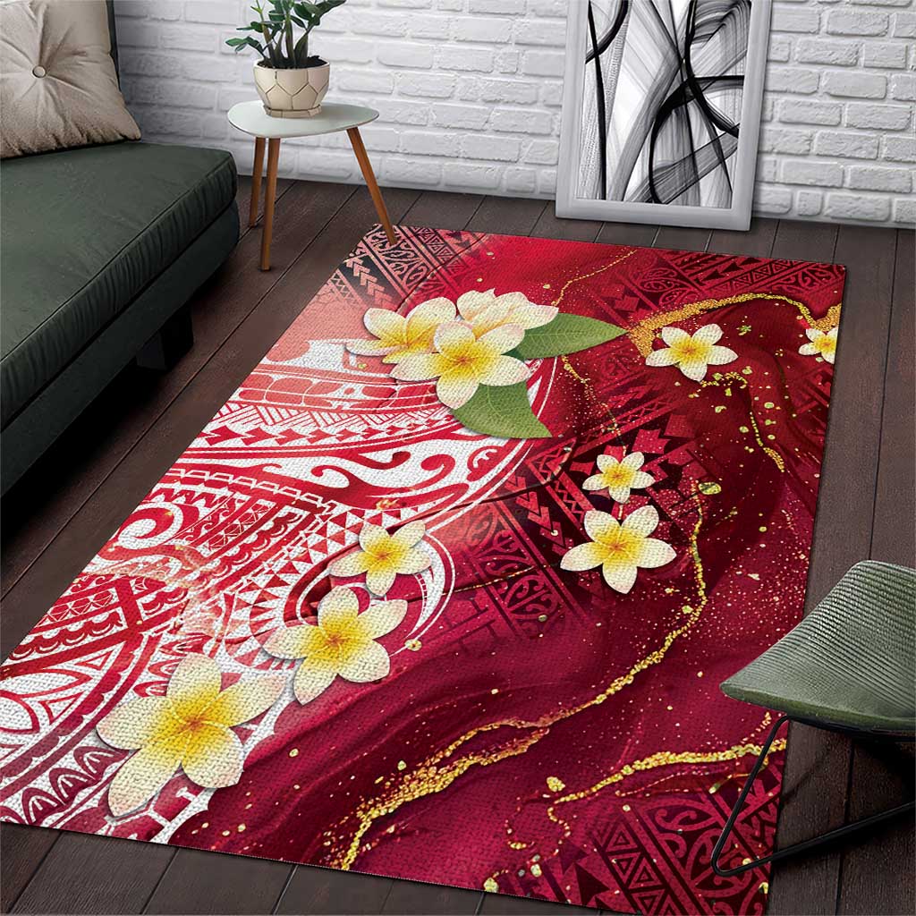 Polynesian Tribal Tattoo Area Rug Plumeria Blood Red and Gold Marble Pattern