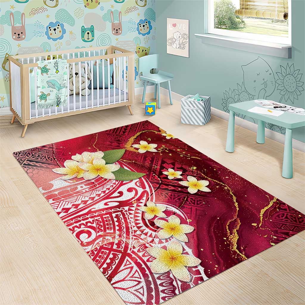 Polynesian Tribal Tattoo Area Rug Plumeria Blood Red and Gold Marble Pattern