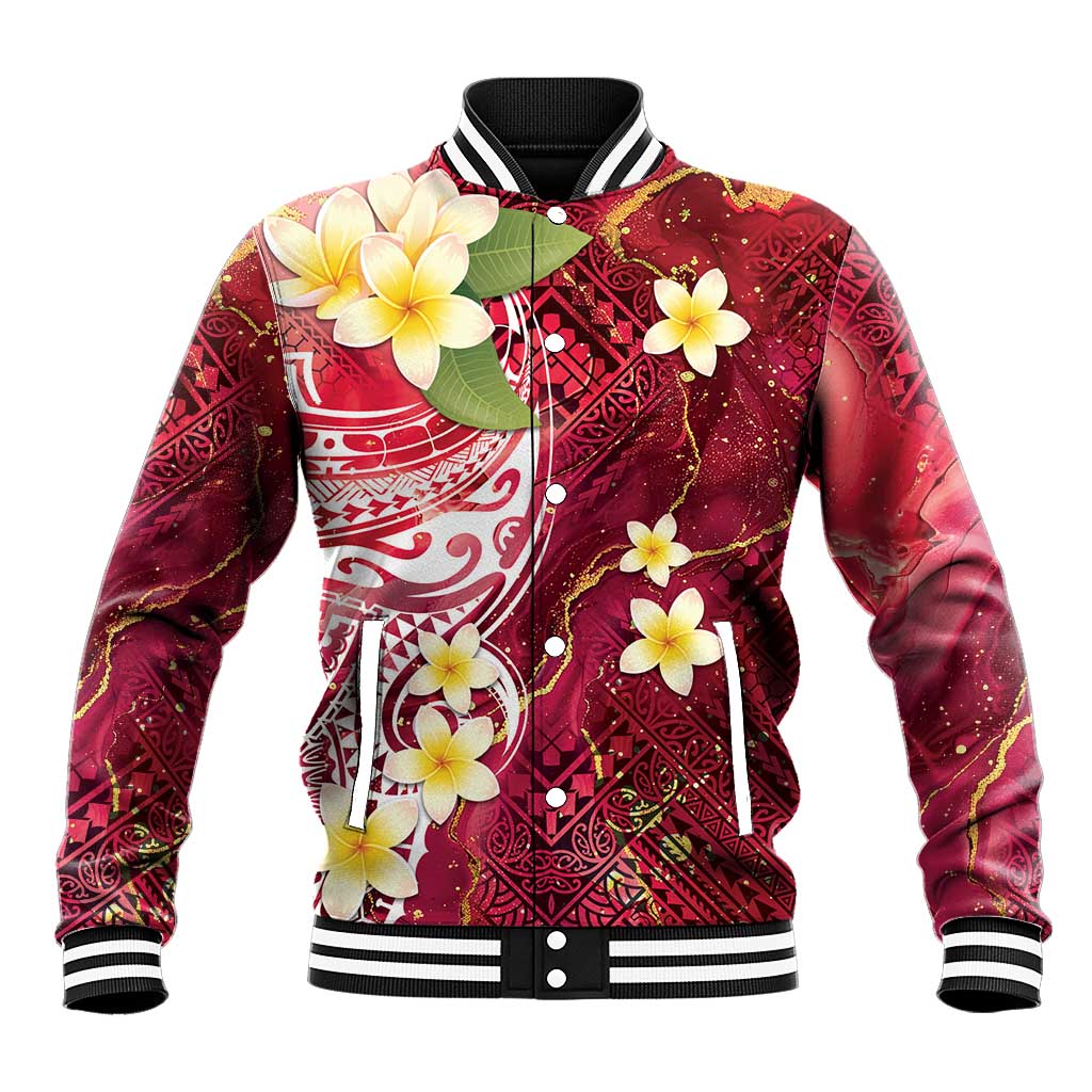 Polynesian Tribal Tattoo Baseball Jacket Plumeria Blood Red and Gold Marble Pattern