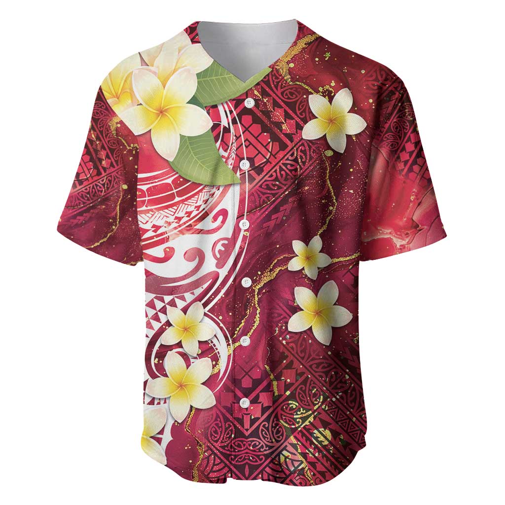 Polynesian Tribal Tattoo Baseball Jersey Plumeria Blood Red and Gold Marble Pattern LT9 Red - Polynesian Pride