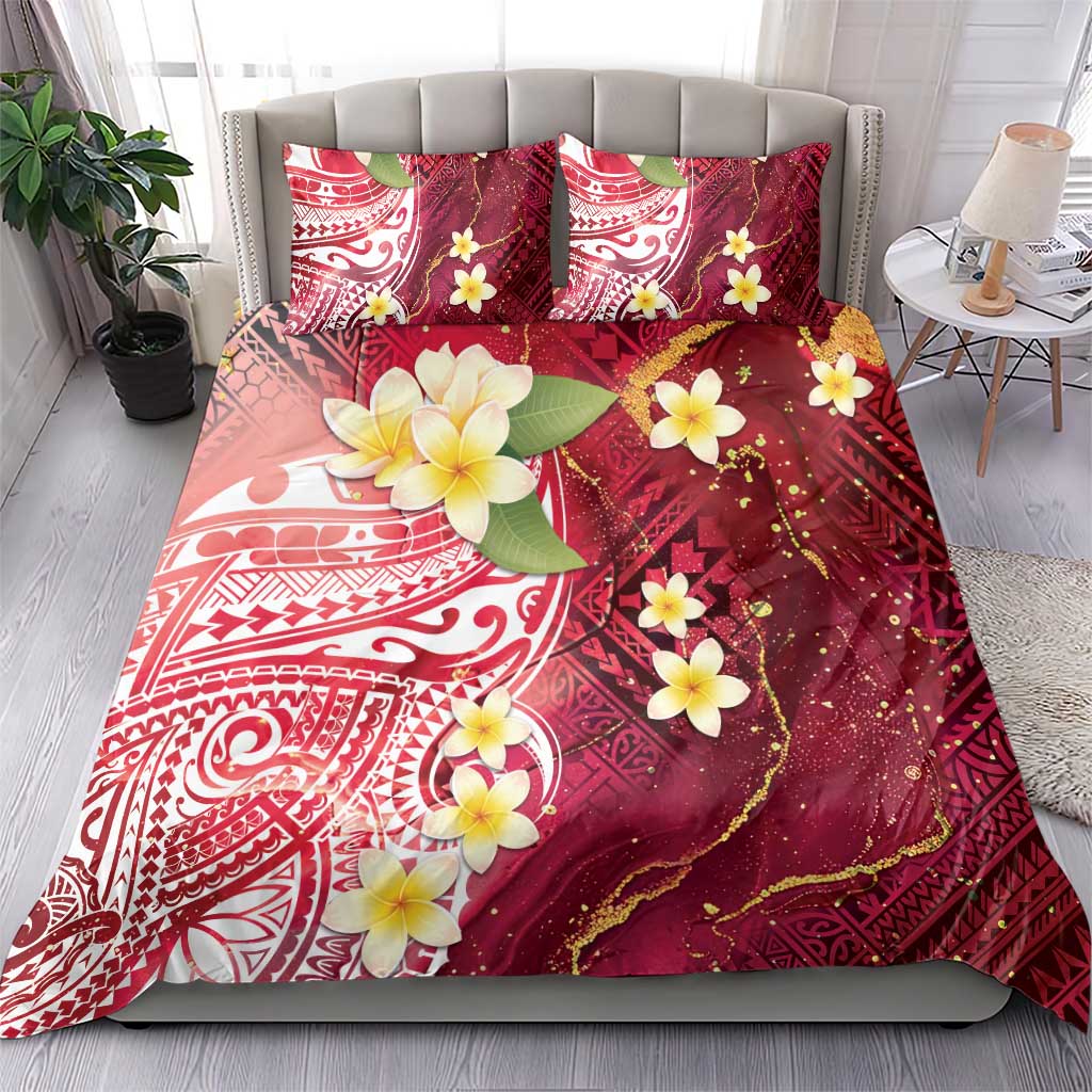 Polynesian Tribal Tattoo Bedding Set Plumeria Blood Red and Gold Marble Pattern