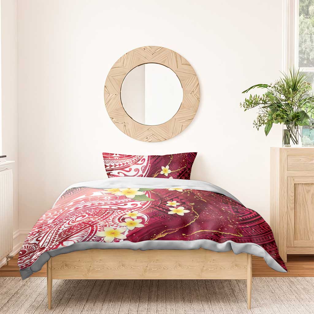 Polynesian Tribal Tattoo Bedding Set Plumeria Blood Red and Gold Marble Pattern