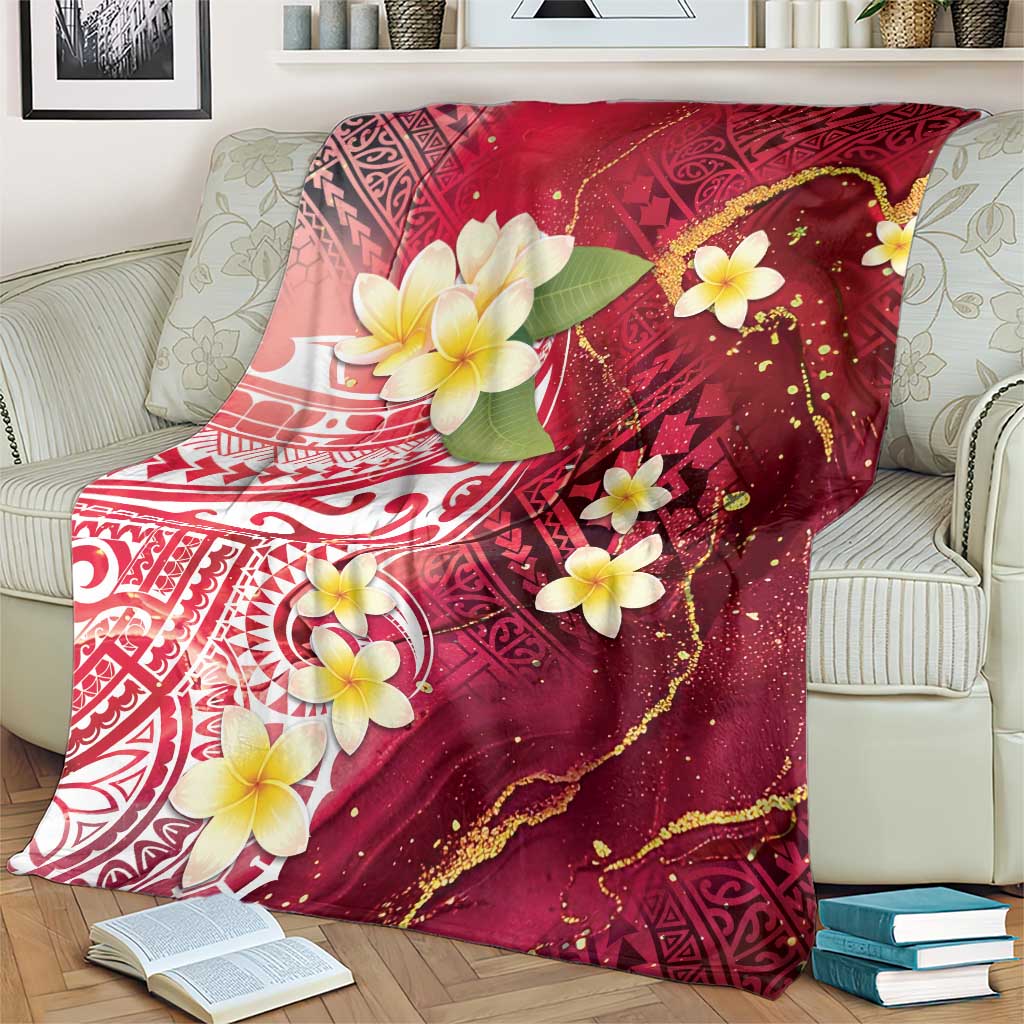 Polynesian Tribal Tattoo Blanket Plumeria Blood Red and Gold Marble Pattern