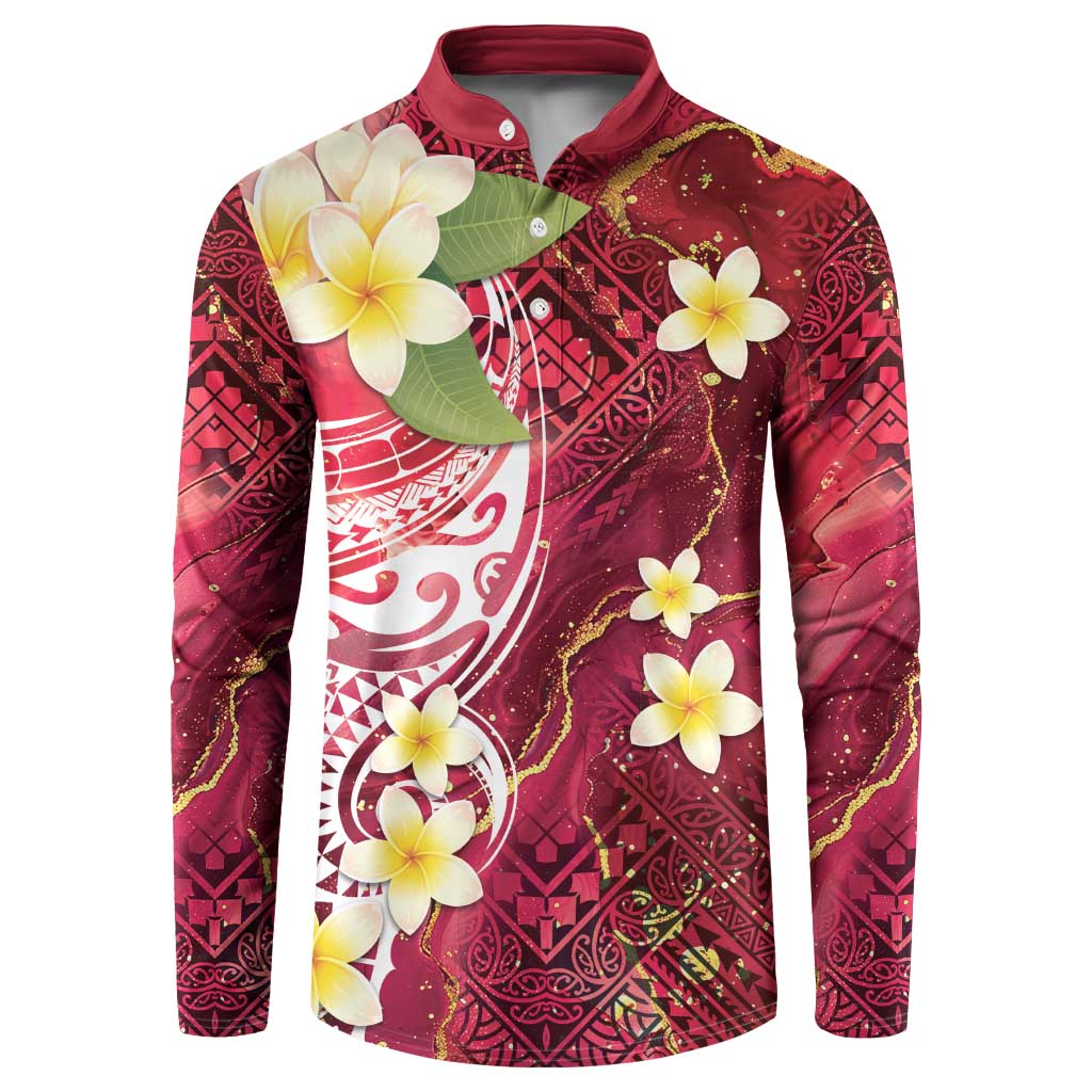 Polynesian Tribal Tattoo Button Sweatshirt Plumeria Blood Red and Gold Marble Pattern