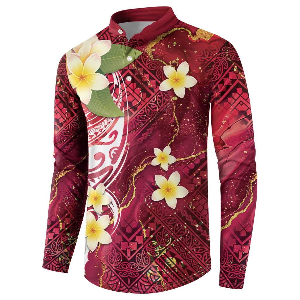 Polynesian Tribal Tattoo Button Sweatshirt Plumeria Blood Red and Gold Marble Pattern