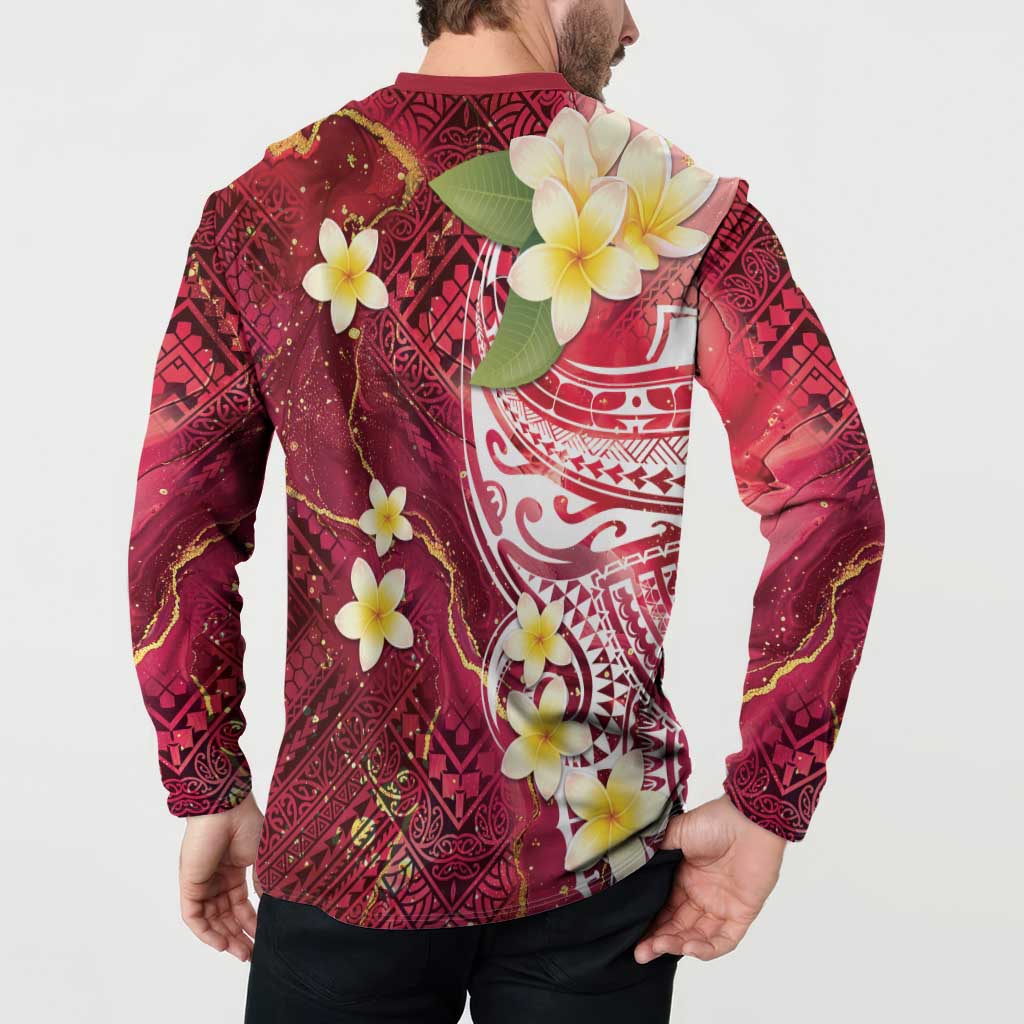 Polynesian Tribal Tattoo Button Sweatshirt Plumeria Blood Red and Gold Marble Pattern