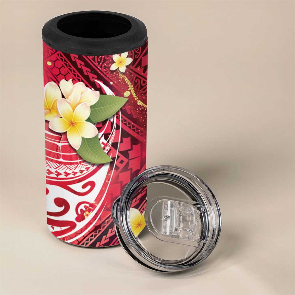 Polynesian Tribal Tattoo 4 in 1 Can Cooler Tumbler Plumeria Blood Red and Gold Marble Pattern