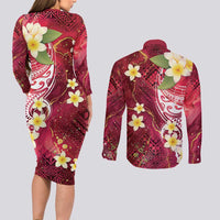 Polynesian Tribal Tattoo Couples Matching Long Sleeve Bodycon Dress and Long Sleeve Button Shirt Plumeria Blood Red and Gold Marble Pattern LT9 - Polynesian Pride