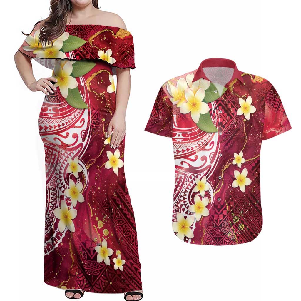 Polynesian Tribal Tattoo Couples Matching Off Shoulder Maxi Dress and Hawaiian Shirt Plumeria Blood Red and Gold Marble Pattern LT9 Red - Polynesian Pride