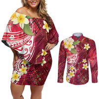 Polynesian Tribal Tattoo Couples Matching Off Shoulder Short Dress and Long Sleeve Button Shirt Plumeria Blood Red and Gold Marble Pattern LT9 Red - Polynesian Pride