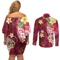 Polynesian Tribal Tattoo Couples Matching Off Shoulder Short Dress and Long Sleeve Button Shirt Plumeria Blood Red and Gold Marble Pattern LT9 - Polynesian Pride