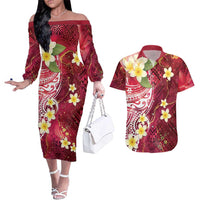 Polynesian Tribal Tattoo Couples Matching Off The Shoulder Long Sleeve Dress and Hawaiian Shirt Plumeria Blood Red and Gold Marble Pattern