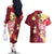 Polynesian Tribal Tattoo Couples Matching Off The Shoulder Long Sleeve Dress and Hawaiian Shirt Plumeria Blood Red and Gold Marble Pattern