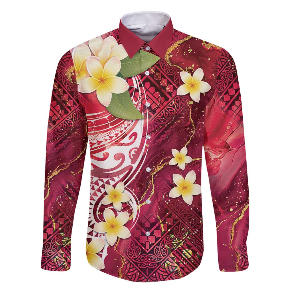 Polynesian Tribal Tattoo Family Matching Long Sleeve Bodycon Dress and Hawaiian Shirt Plumeria Blood Red and Gold Marble Pattern LT9 Dad's Shirt - Long Sleeve Red - Polynesian Pride