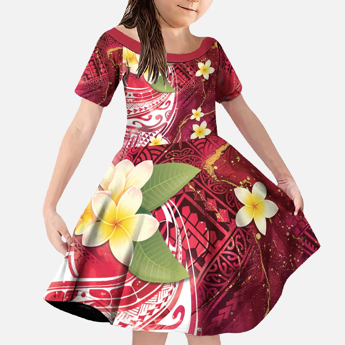 Polynesian Tribal Tattoo Family Matching Off The Shoulder Long Sleeve Dress and Hawaiian Shirt Plumeria Blood Red and Gold Marble Pattern