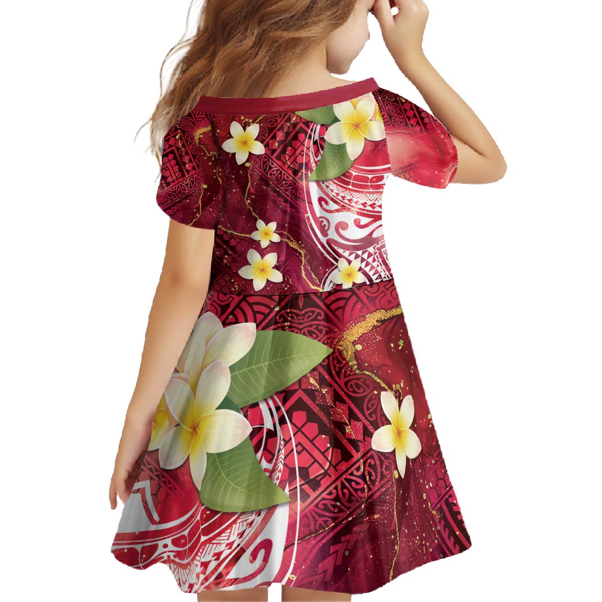 Polynesian Tribal Tattoo Family Matching Off The Shoulder Long Sleeve Dress and Hawaiian Shirt Plumeria Blood Red and Gold Marble Pattern