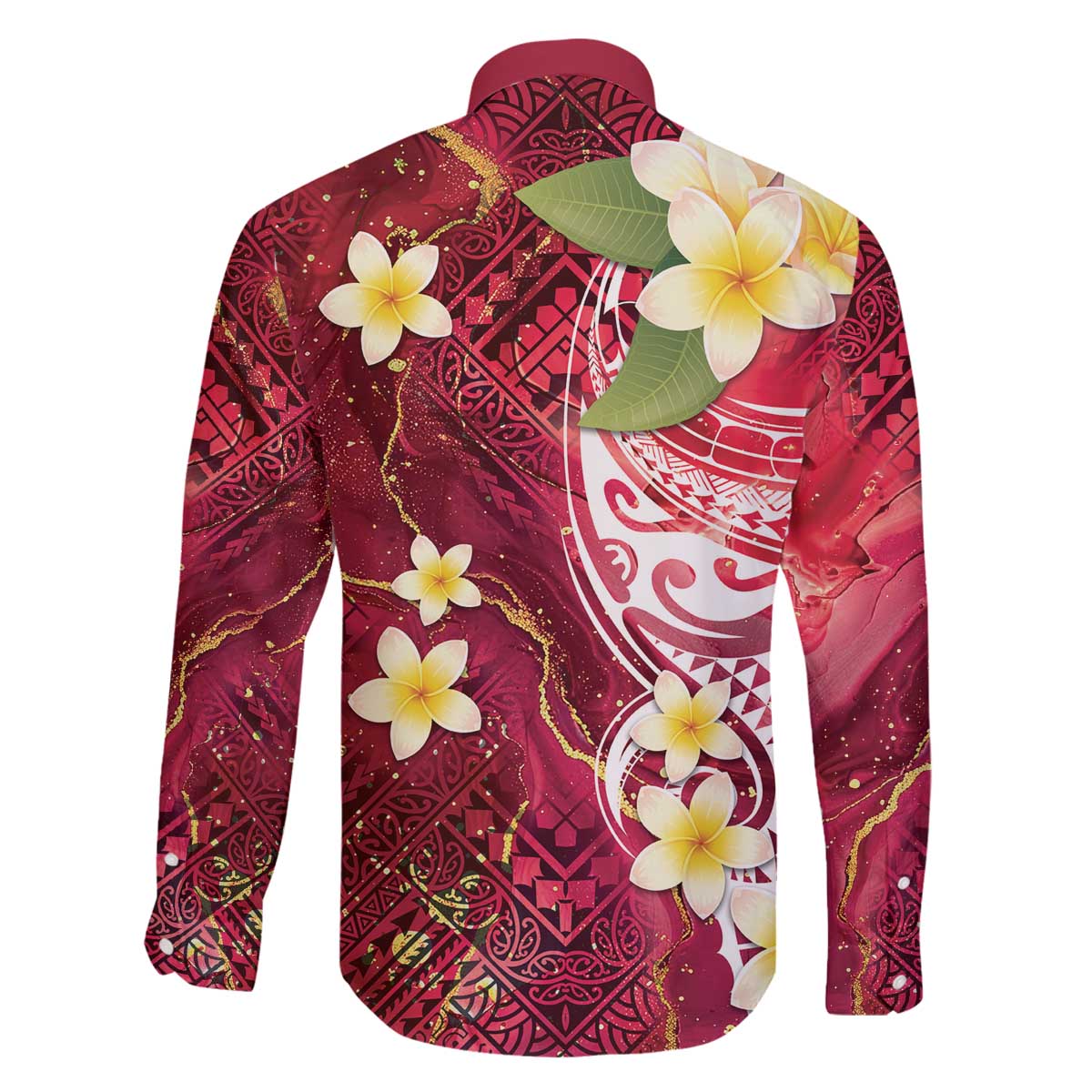 Polynesian Tribal Tattoo Family Matching Off The Shoulder Long Sleeve Dress and Hawaiian Shirt Plumeria Blood Red and Gold Marble Pattern